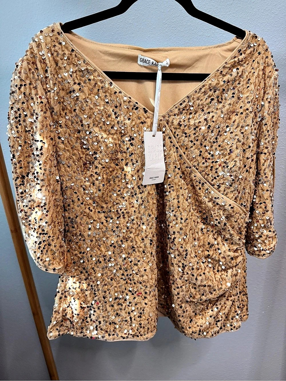 GRACE KARIN V-Neck Sequin Wrap Blouse Gold XXL